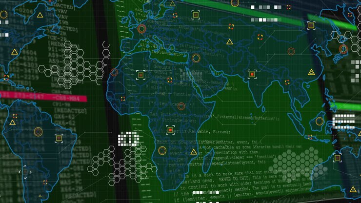 Animation of data processing on digital world map with network connections