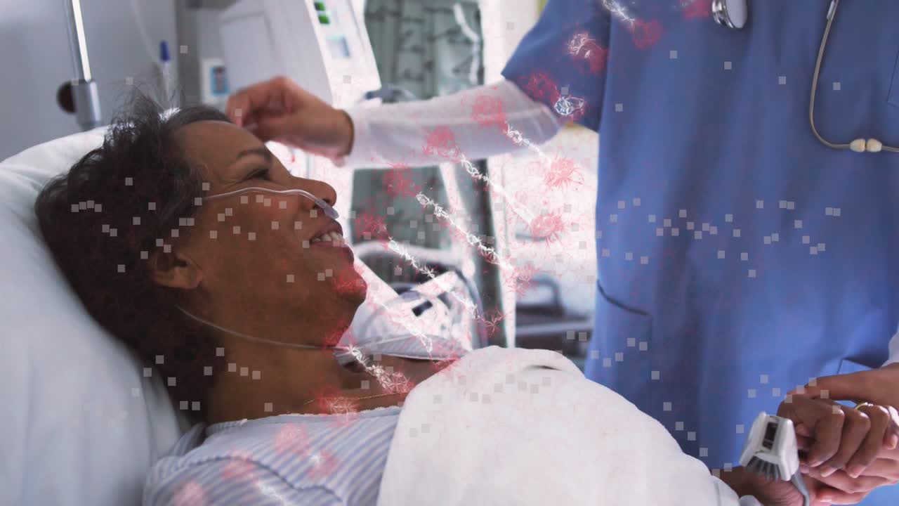 animación del adn rotando sobre diversas mujeres doctoras y pacientes