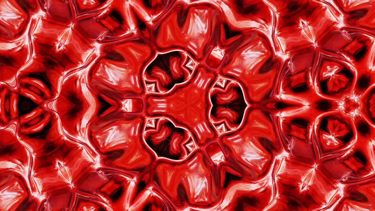 жидкий красный симметричный рисунок, похожий на калейдоскоп с волнами. 3d стильный цикл абстрактный bg, волнистая структура блестящего жидкого стекла с красивыми градиентными цветами. 4k