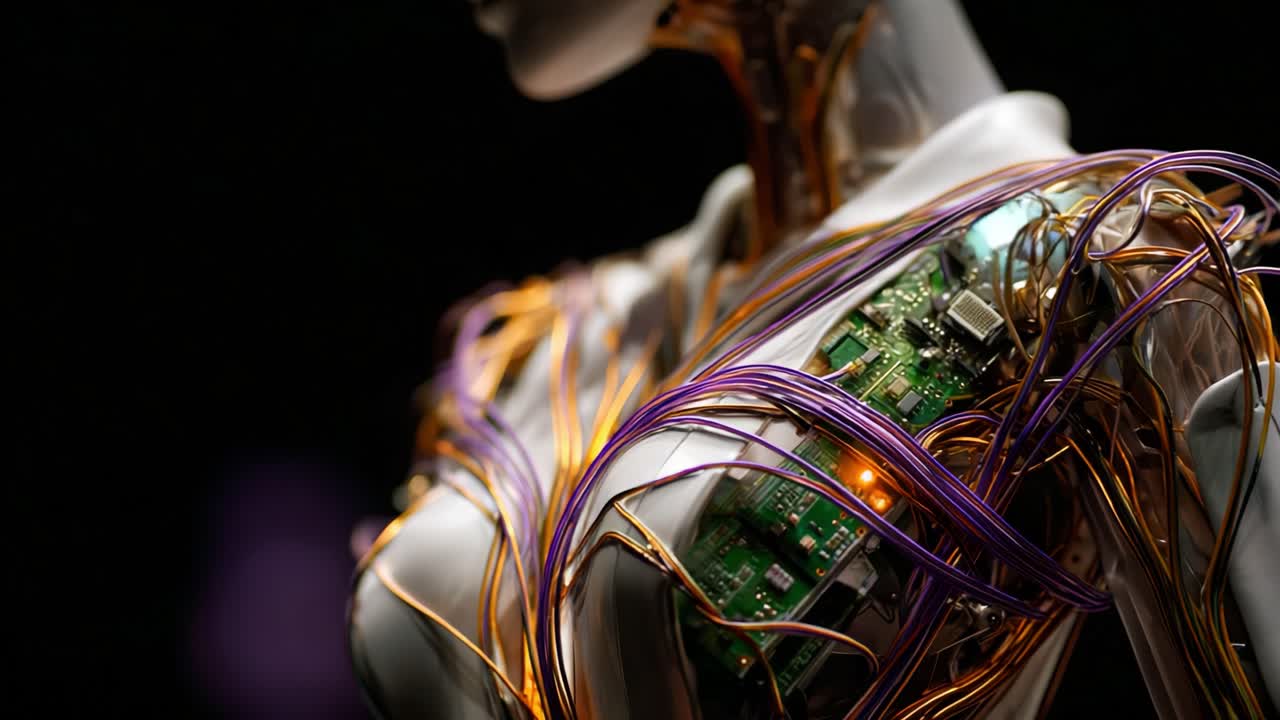 Futuristic Cybernetic Woman: A Stunning Showcase of Advanced Robotics with Glowing Circuits and Intricate Wiring, Blending Technology and Aesthetics in a Captivating Display