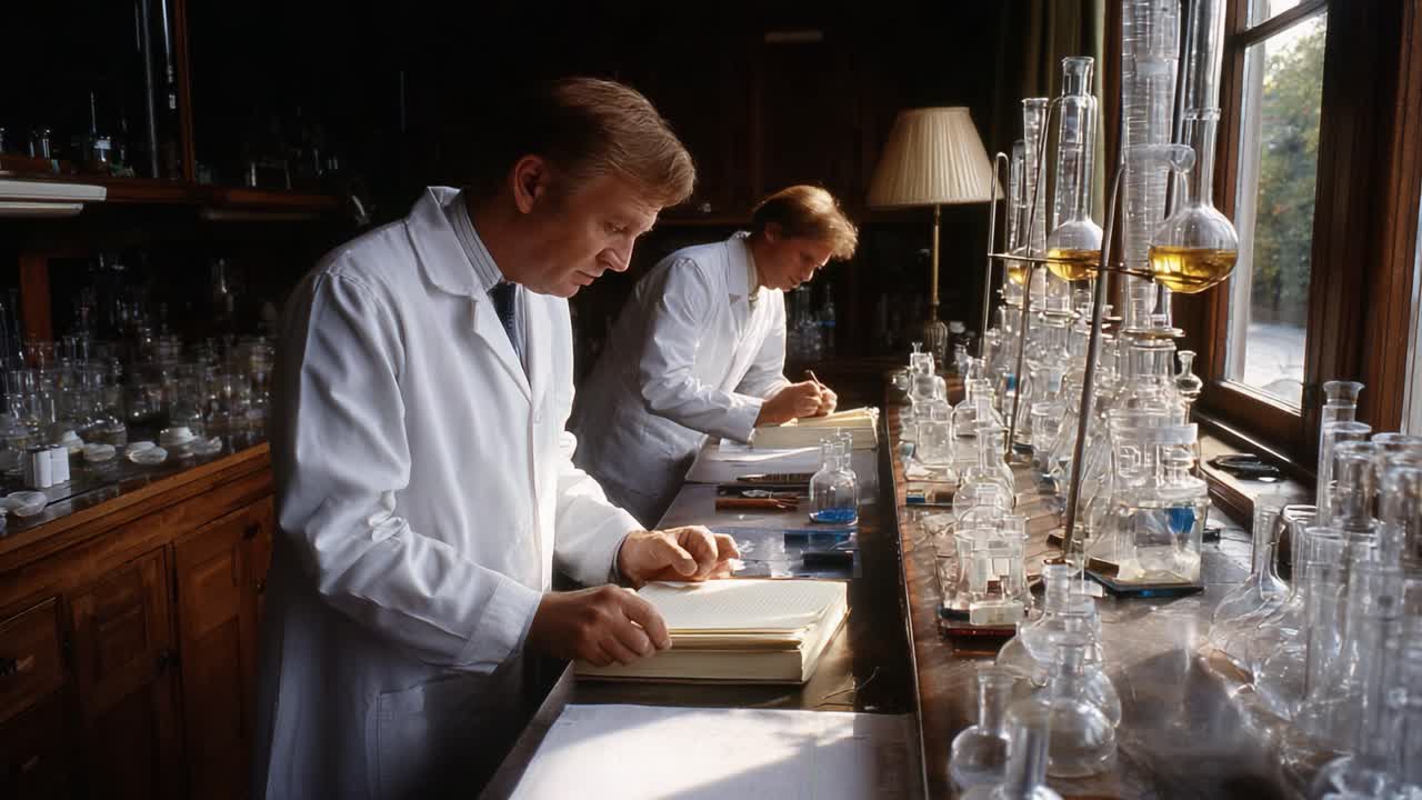 Scientific researchers diligently working in a laboratory, analyzing data and documenting their findings amidst an array of glassware and instruments