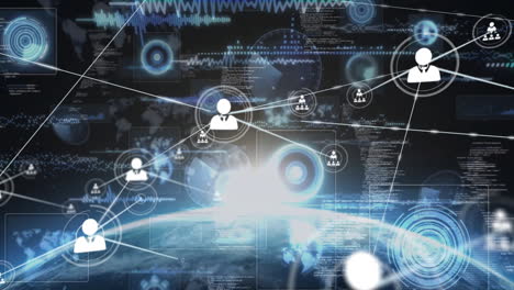 Network of connections and data processing animation over Earth from space