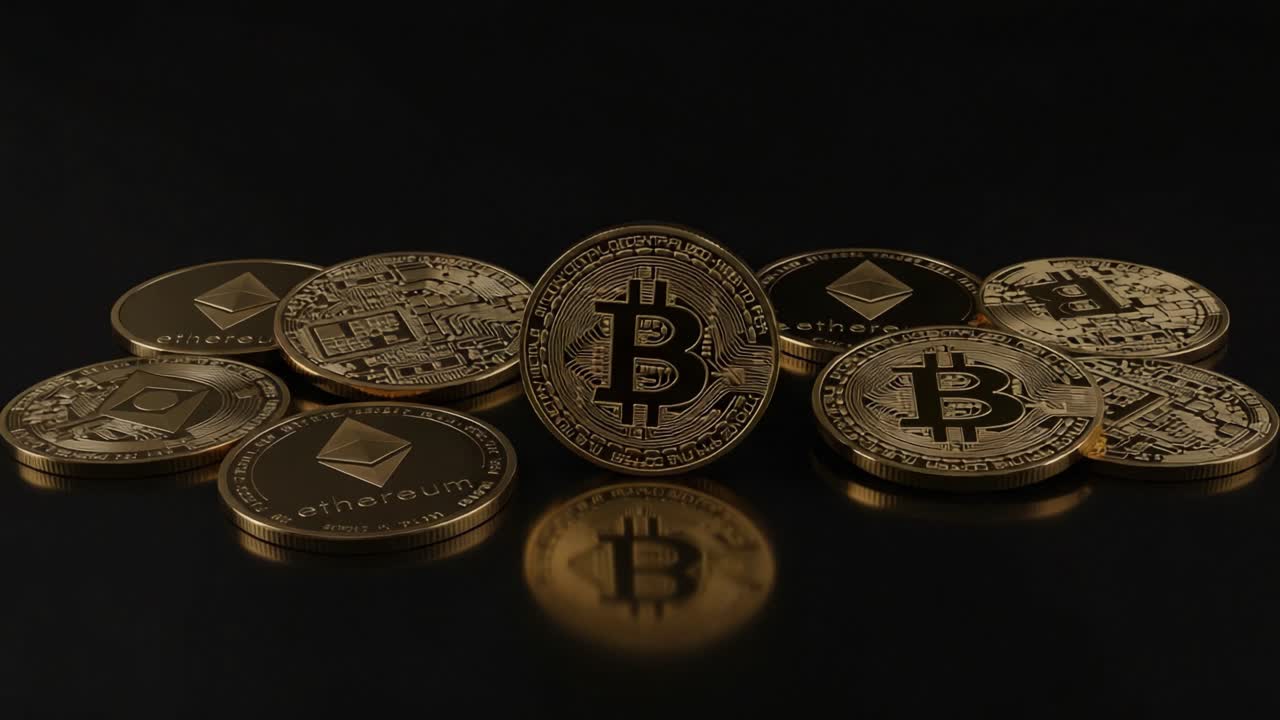 A Stunning Array of Cryptocurrencies Featuring Bitcoin and Ethereum Coins Against a Dark Background, Highlighting the Future of Digital Currency and Blockchain Technology