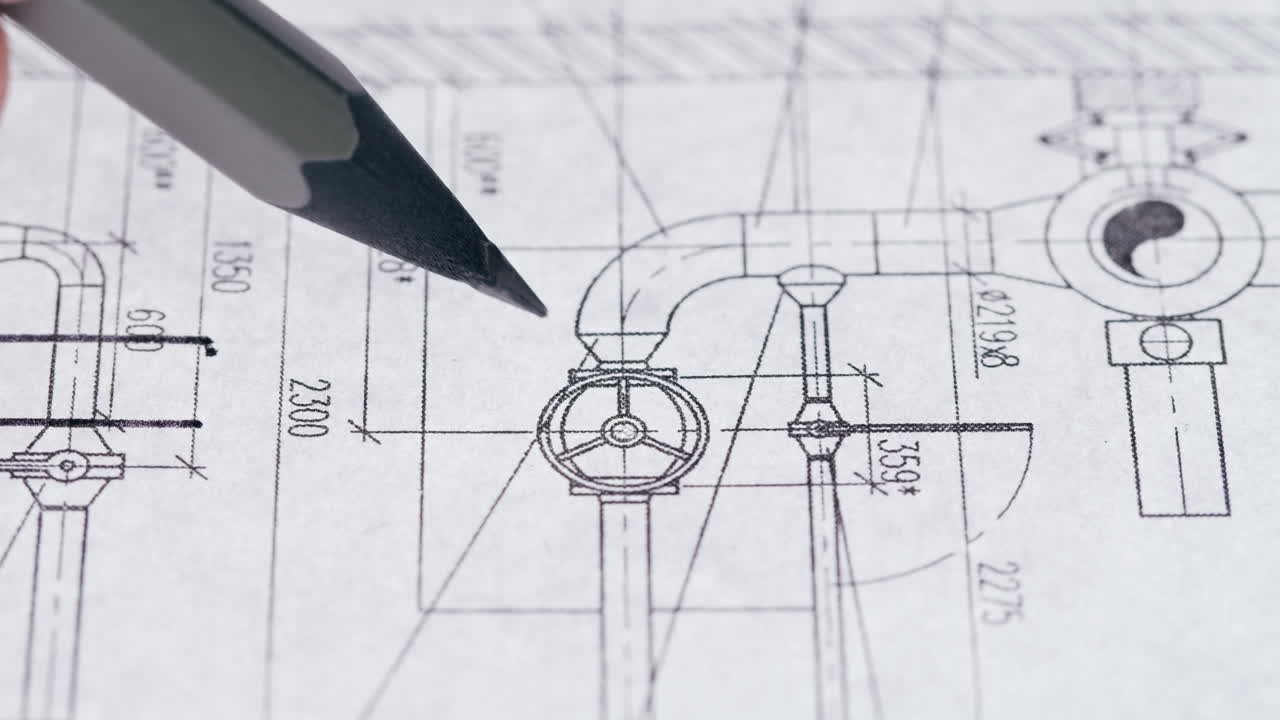 A pencil pointing at a detailed engineering or architectural blueprint