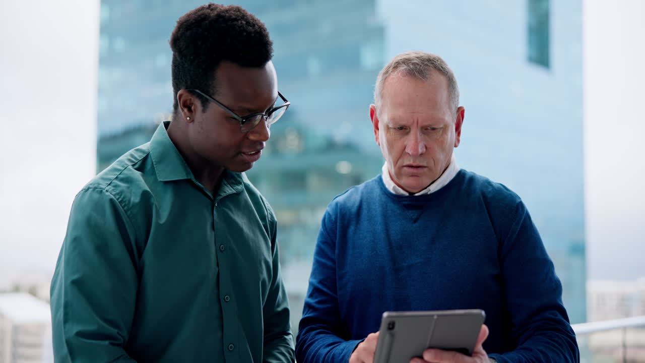 Tablet, business people and mentor talk with city