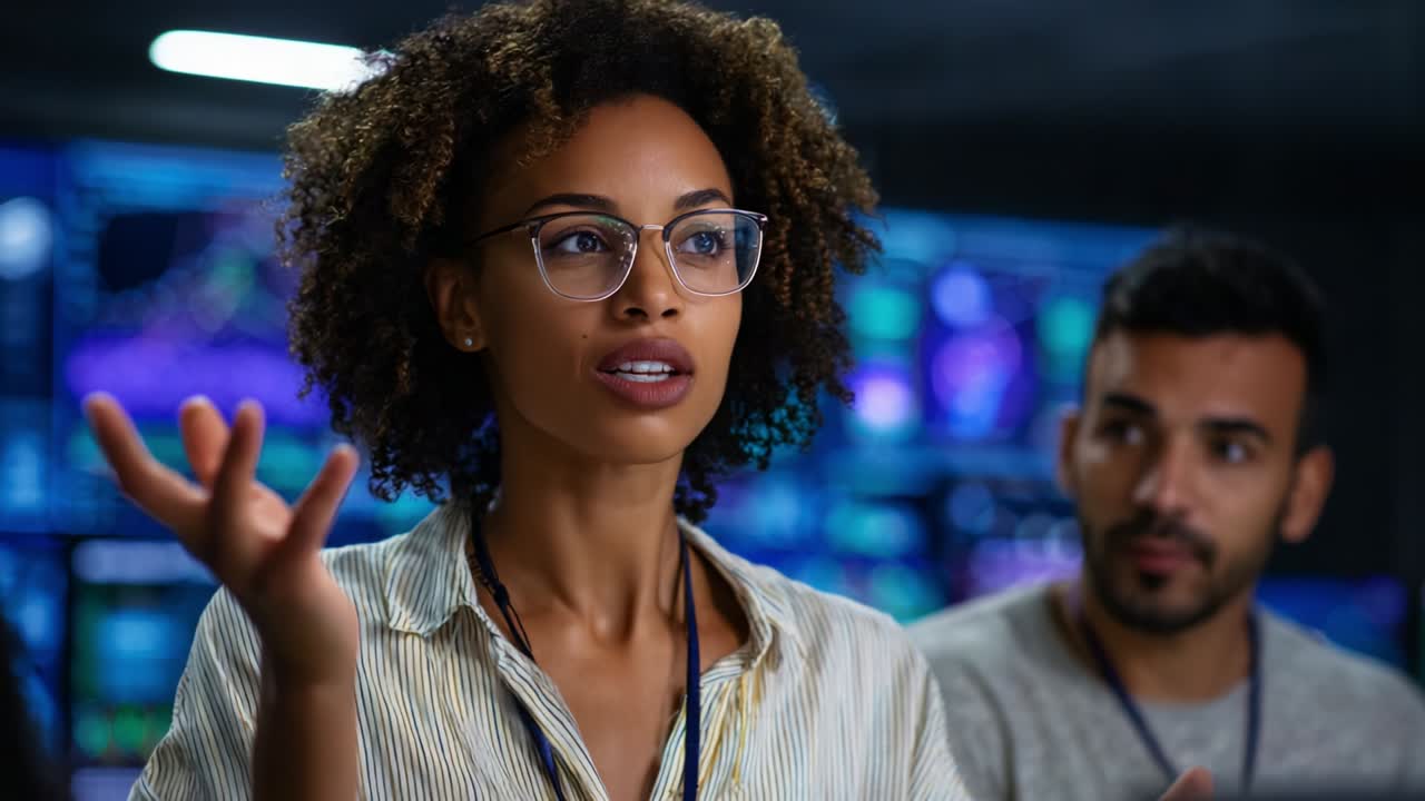 In a dynamic and engaging setting, a confident woman with curly hair and glasses passionately expresses her ideas, while a focused man observes her insights in a technology-driven environment filled with data visuals