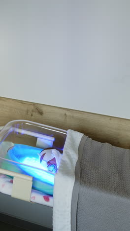 transparent baby crib with a child in it lying on uv lamp. infant is treated from hyperbilirubinemia in maternity hospital. vertical video