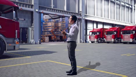 full body side view of asian male worker standing with his phone, outside of logistics distributions warehouse, he observes by looking around before he come to concentrating with his smartphone