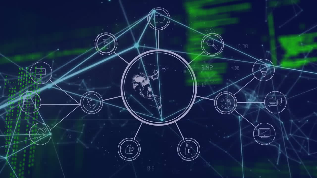 animación de la red de conexiones con iconos y procesamiento de datos