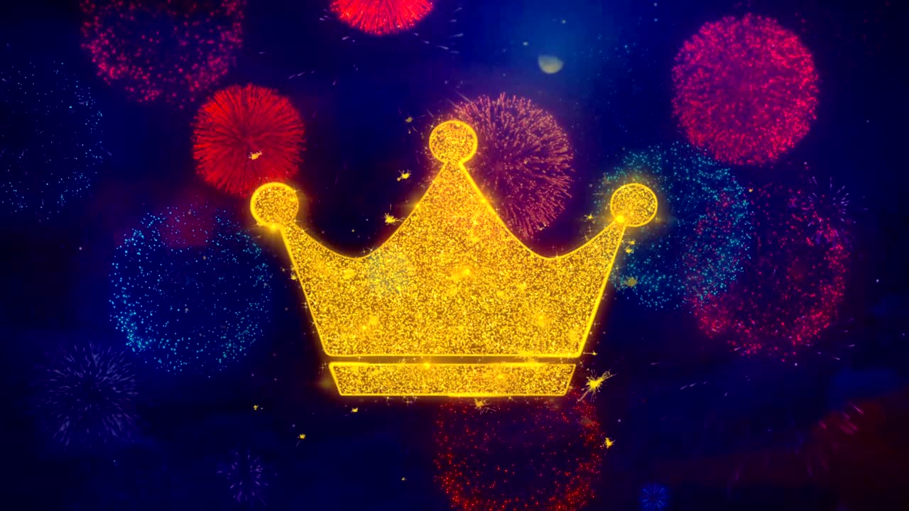 화려한 불꽃놀이 입자에 여왕 왕관 아이콘 기호.