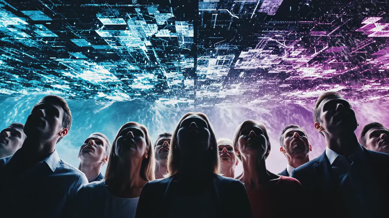 Crowd of People Looking Up at Futuristic Technology and Waves