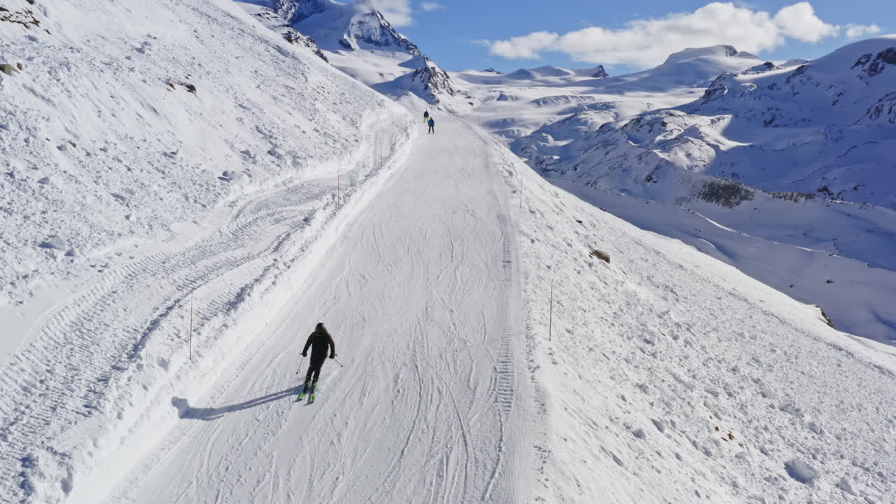 Aerial Shot of Skiers Coming Down the Slope