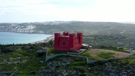 Aerial-View-Of-Saint-Agatha's-Tower-In-Mellieħa,-Malta