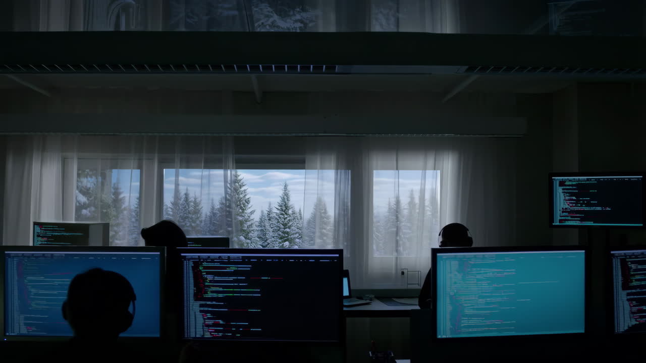 Developers Coding in a Dimly Lit Office with Snowy Winter View