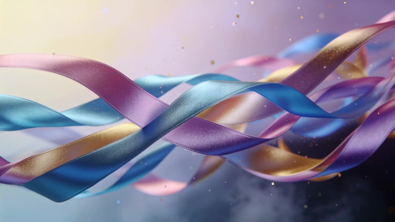 Rubans de satin se déroulant, se dénouant et flottant dans un studio CGI, la caméra suivant leur mouvement, avec des paillettes d'or.