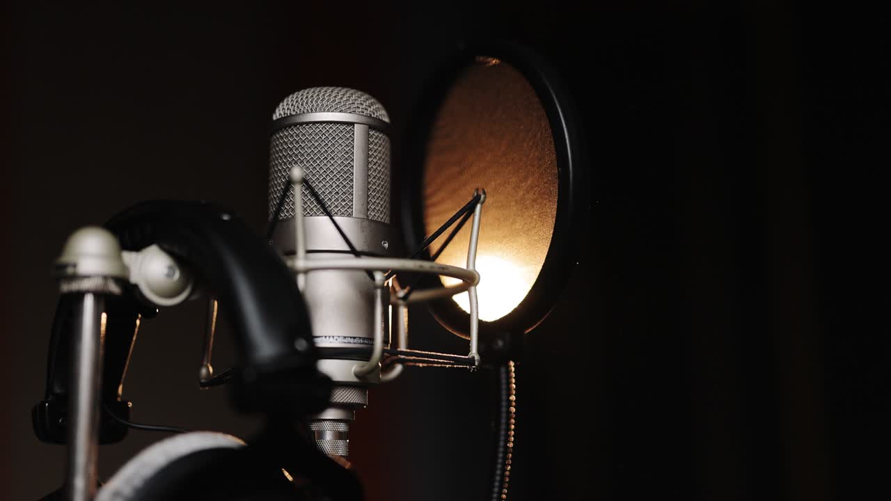 Studio recording, professional microphone in the recording studio, microphone near wall with acoustic dampening foam. Close-up of microphone on stage against a black background with lighting