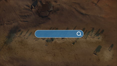 an airplane crosses a solid background revealing a search bar and beneath it aerial footage of wildebeest, zebras and rhinos, travel destinations for personalized location