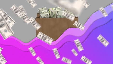 animación de dólares flotantes y olas púrpuras sobre la bolsa con dinero
