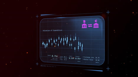 animation of screen with financial data processing over flames on black background