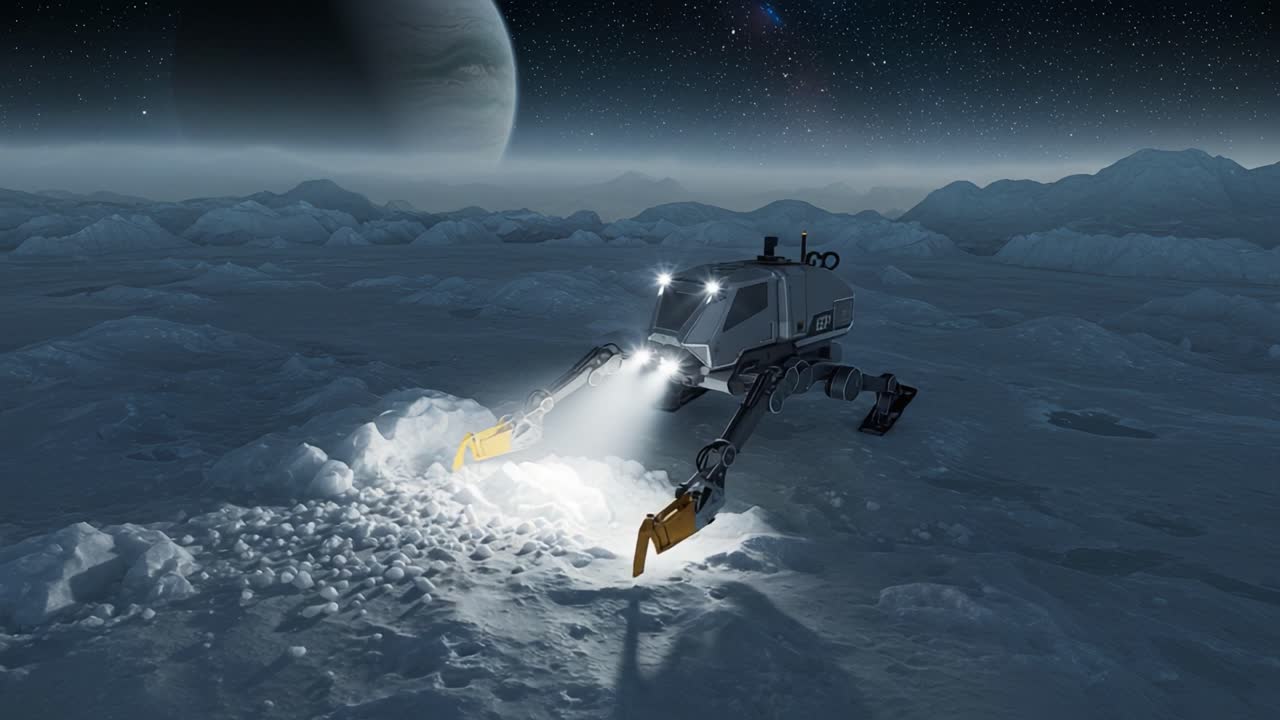 A futuristic robotic explorer navigates the icy terrain of an alien moon, utilizing advanced technology to examine and manipulate the surface amidst a vast cosmic backdrop