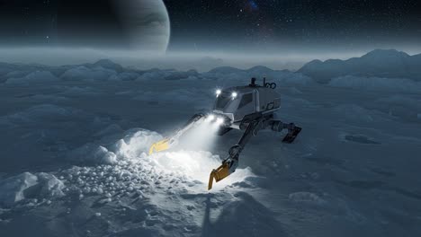 a futuristic robotic explorer navigates the icy terrain of an alien moon, utilizing advanced technology to examine and manipulate the surface amidst a vast cosmic backdrop