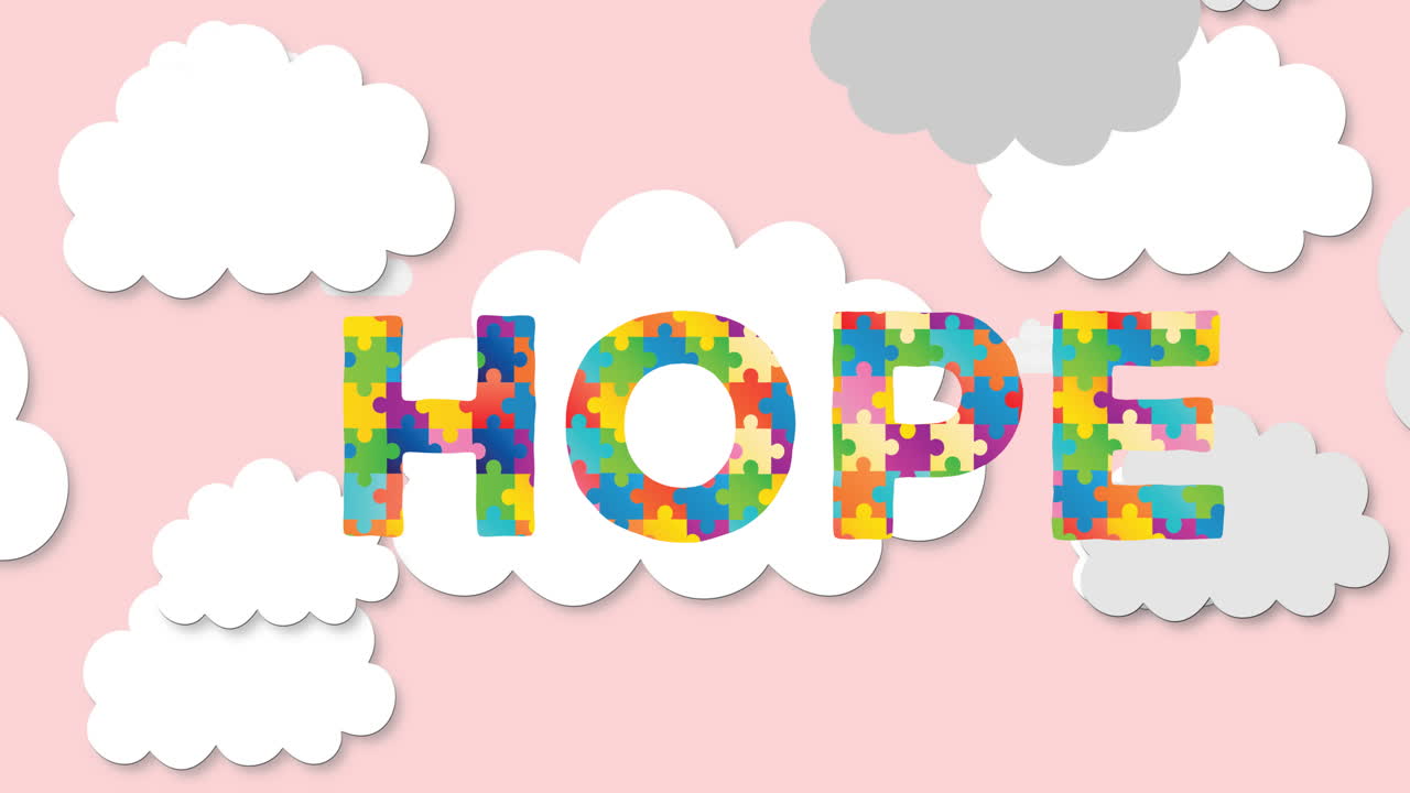 오티즘에 대한 희망의 애니메이션 - 핑크색 하늘의 태양 위의 퍼즐