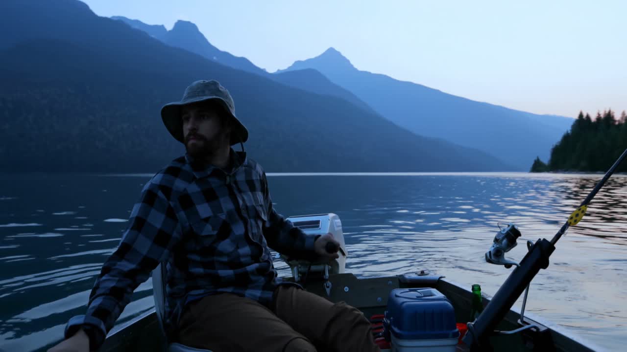 pescador viajando con su perro en el barco 4k