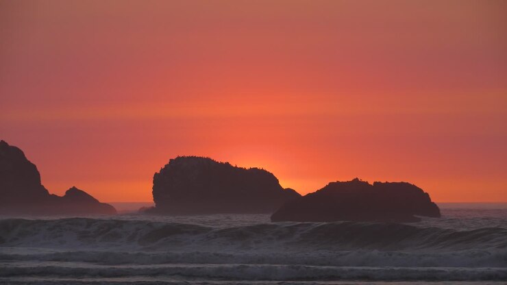 A rock with a large flock of birds casts a silhouette in front of the fading sunset light at an Oregon beach