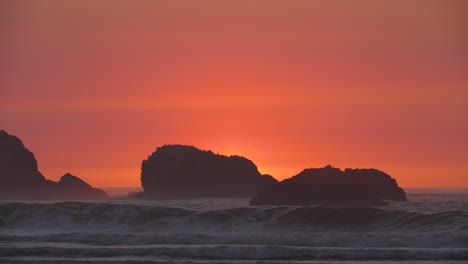 a rock with a large flock of birds casts a silhouette in front of the fading sunset light at an oregon beach