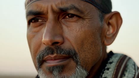 close up portrait of a man with a beard looking at the camera.