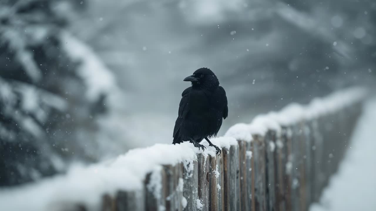 Snow drifting crow scanning fence rail tilting head forward and shifting stance, tracking movement