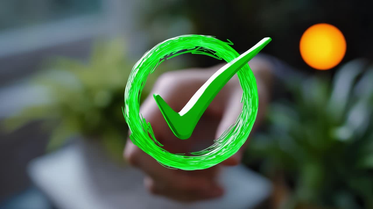 A Green Checkmark Symbolizing Approval and Success Shown Against a Softly Lit Background of Greenery and Out-of-Focus Elements, Reflecting Positivity