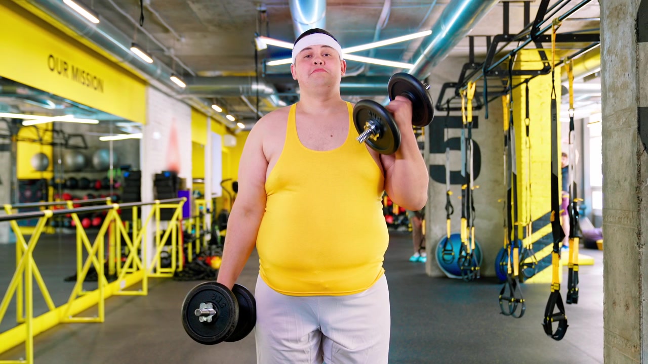 Uomo in sovrappeso che si allena con i manubri in palestra
