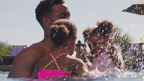 Familia-En-Vacaciones-De-Verano-Con-Dos-Niñas-En-La-Piscina-Chapoteando-Madre