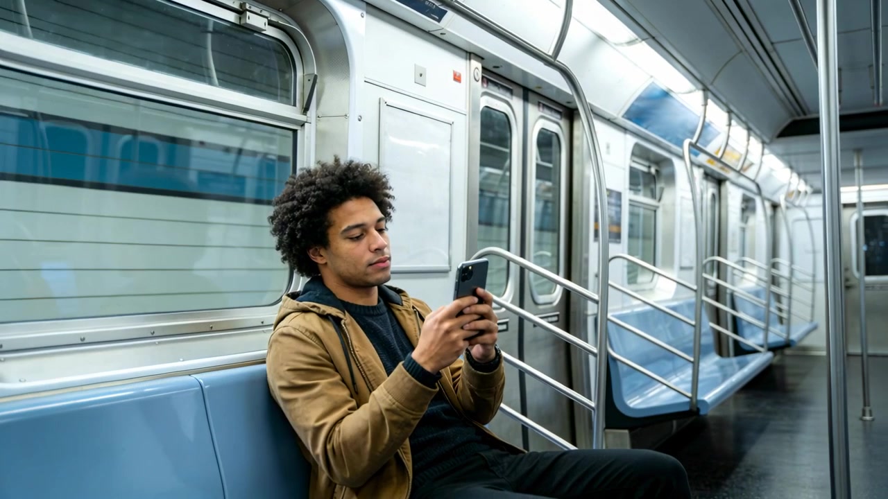 Scrolling commuter wearing brown jacket checking smartphone on subway bench, blue seats, copy space