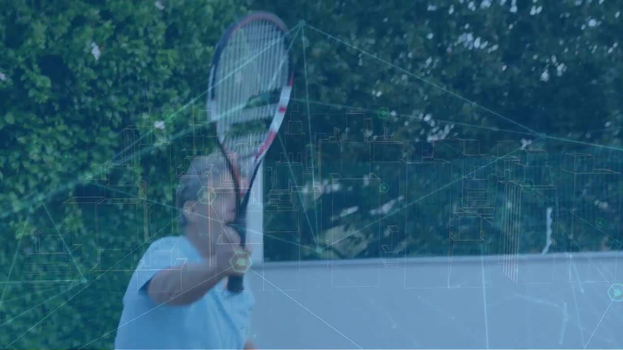 스포츠 경기장 앞에서 vr 헤드 ⁇ 을 착용한 백인 남자의 복합 이미지