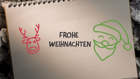 animation of hand drawing frohe weinhnachten and christmas decorations on white paper background