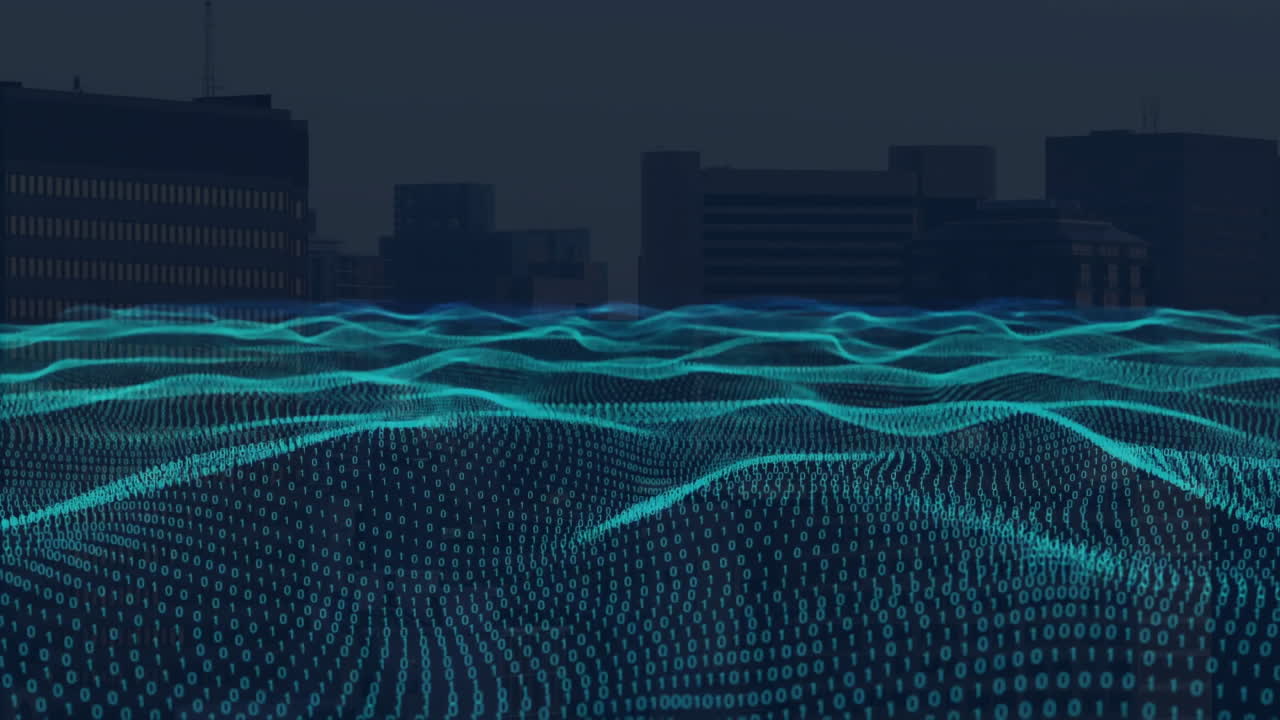 Binary code waves animating over cityscape at night with glowing lights