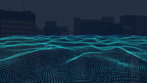 binary code waves animating over cityscape at night with glowing lights