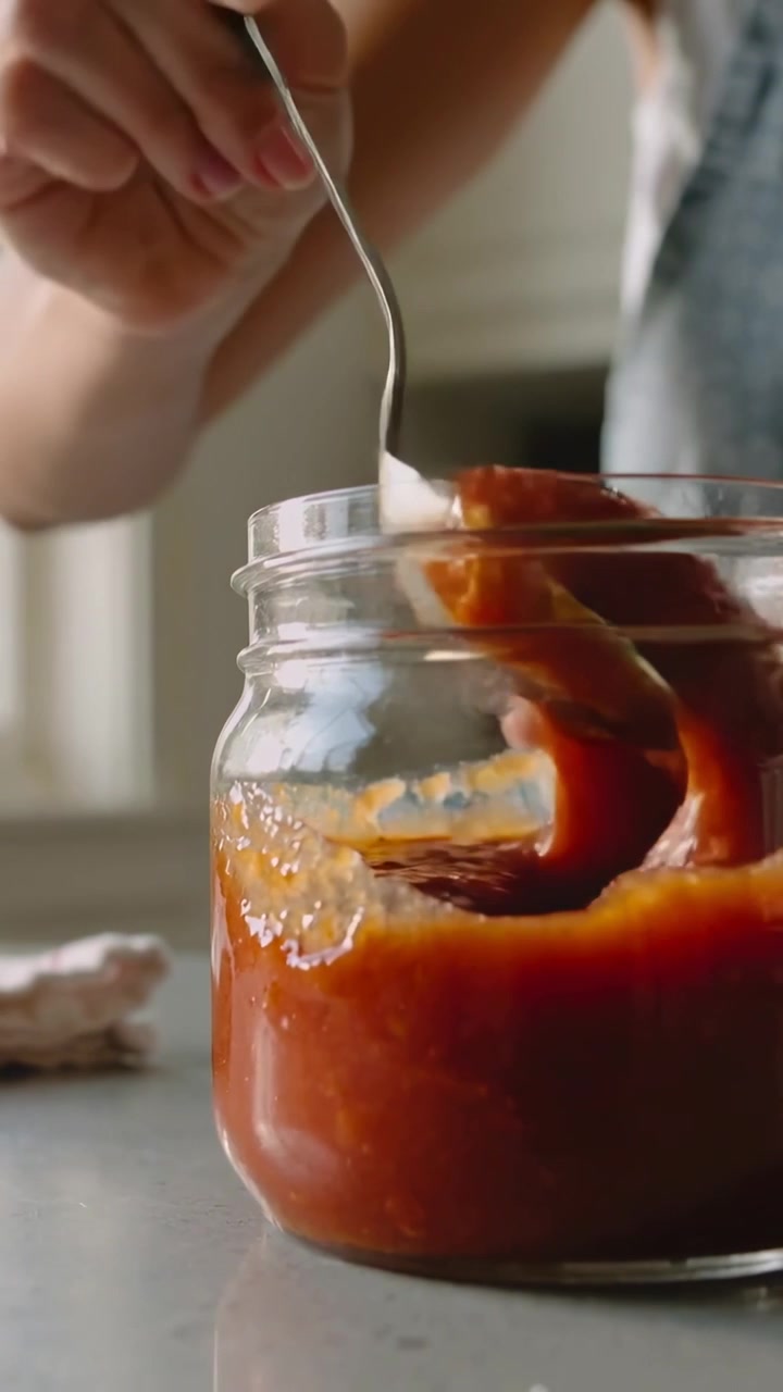 Video verticale: Mano con grembiule grigio che raccoglie e spalma salsa rossa da un barattolo sul bancone con un cucchiaio