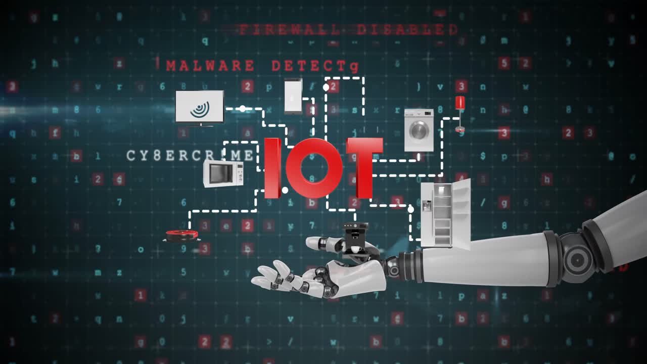Mano robótica presentando un símbolo digital de IoT rodeado de iconos de electrodomésticos