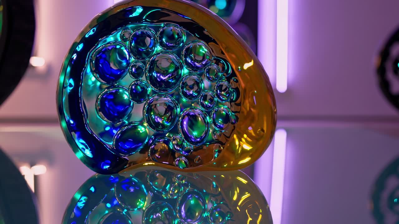 Futuristic resin art creating mesmerizing visual experience, featuring colorful bubbles reflecting on glossy glass surface with vibrant, iridescent gradient colors
