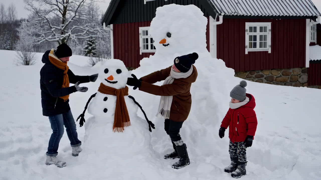 Family Building a Snowman in Winter