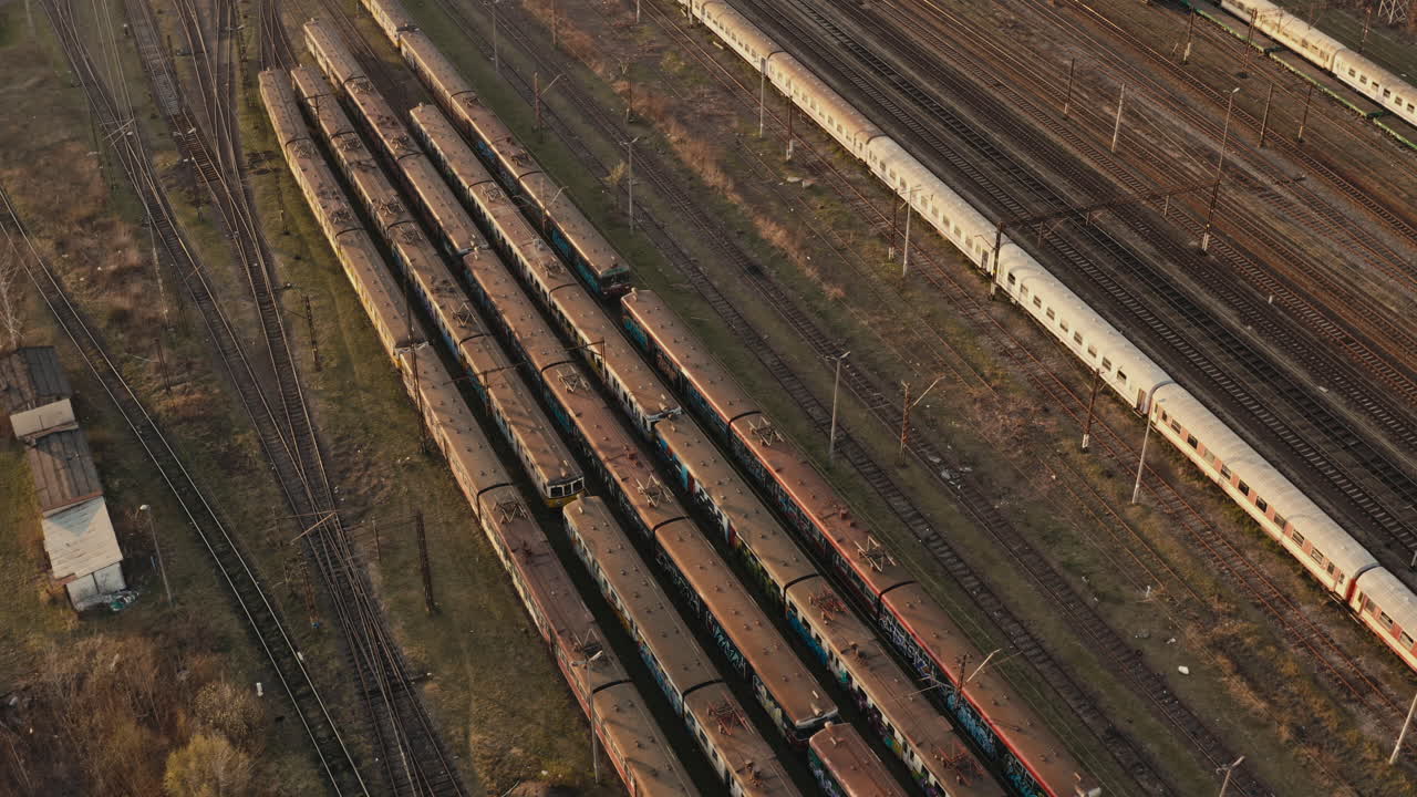 Aerial View of Trains in a Railroad Yard