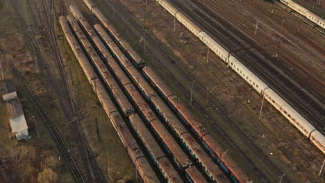 aerial view of trains in a railroad yard