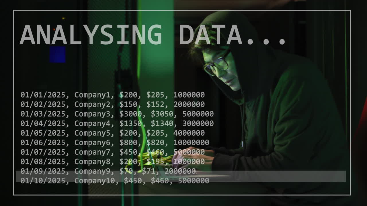 Animation of connections and data processing over male asian hacker using computer
