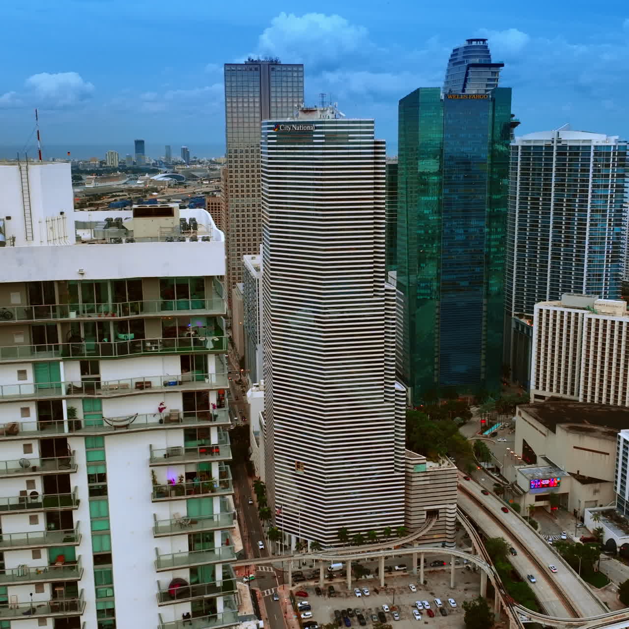 Blocks of flats and office buildings in Miami downtown, Florida, USA. View on the waterscape from top.