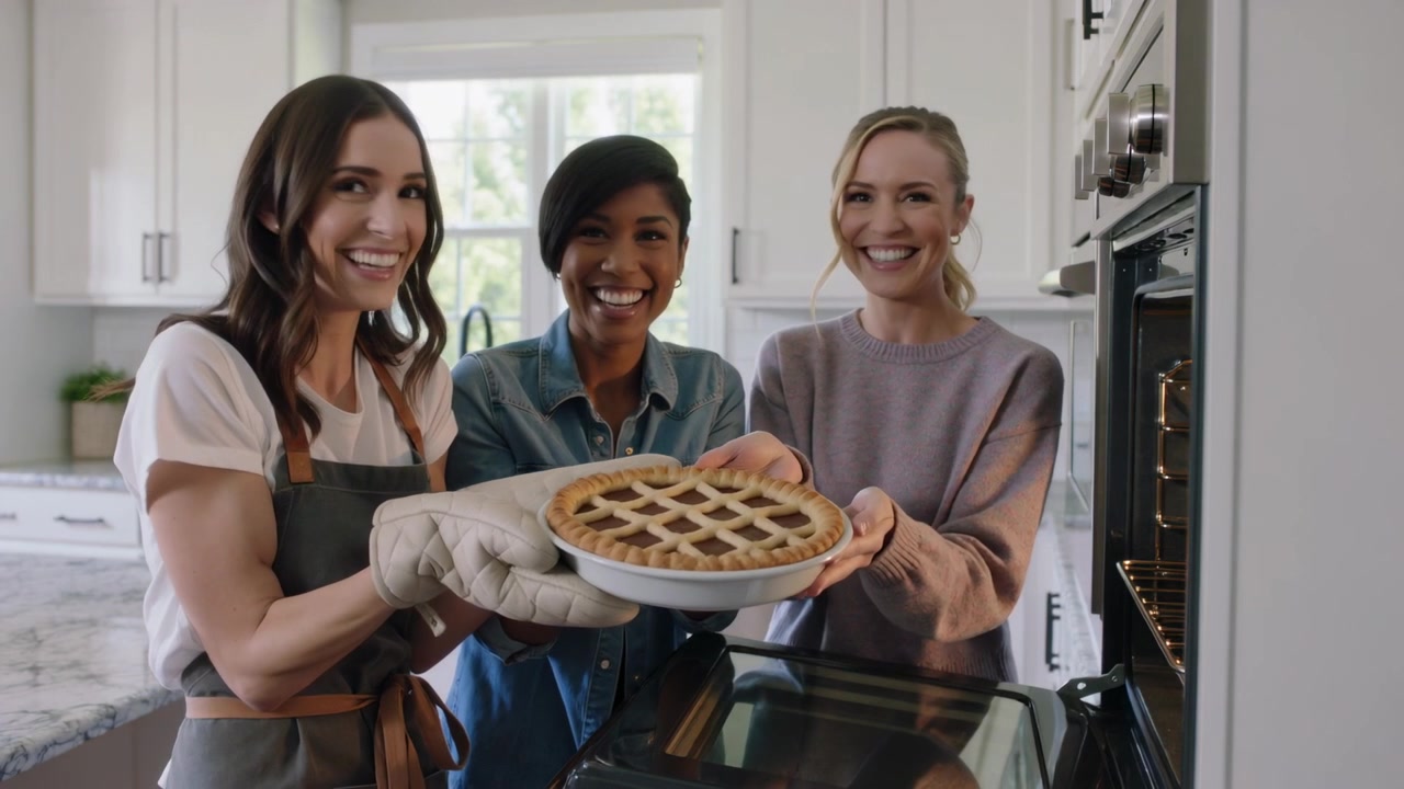Apertura del forno in cucina, donne in grembiule, jeans e maglione tirano fuori una crostata a griglia mostrando il piatto usando guanti da forno
