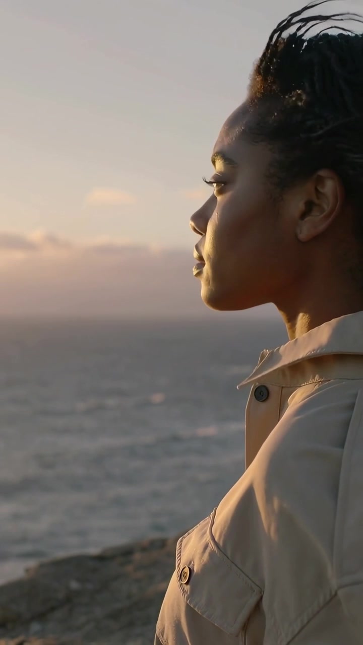Vertical video: Looking woman in tan coat turning, eyes closing as sun moving at coast, copy space