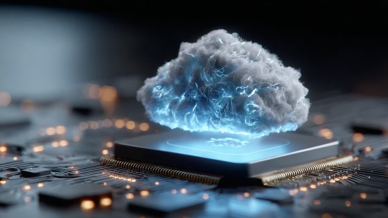 A Stunning Visualization of Cloud Computing on a Microprocessor, Showcasing the Fusion of Technology and Innovation in Modern Electronics and Digital Services